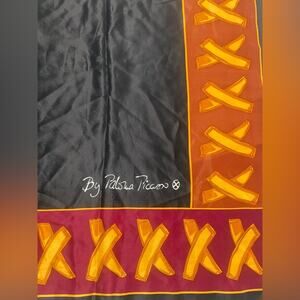 Paloma Picasso Vintage Silk Scarf | Black Burgundy Gold Ribbon | Made in France